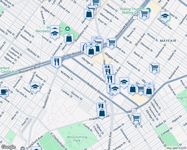 map of restaurants, bars, coffee shops, grocery stores, and more near 6357 Crafton Street in Philadelphia