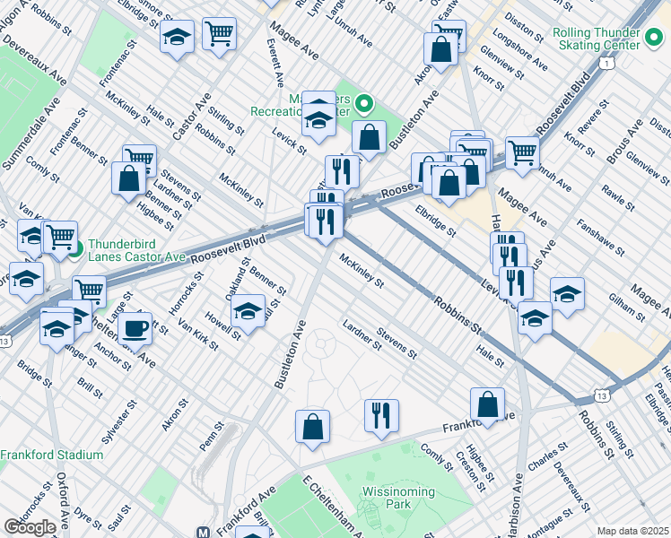 map of restaurants, bars, coffee shops, grocery stores, and more near 2011 Devereaux Avenue in Philadelphia