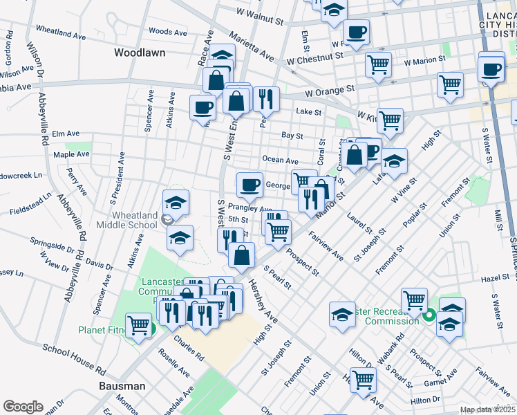 map of restaurants, bars, coffee shops, grocery stores, and more near 417 Pearl Street in Lancaster