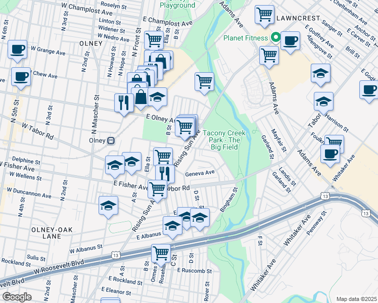 map of restaurants, bars, coffee shops, grocery stores, and more near 5443 Rising Sun Avenue in Philadelphia