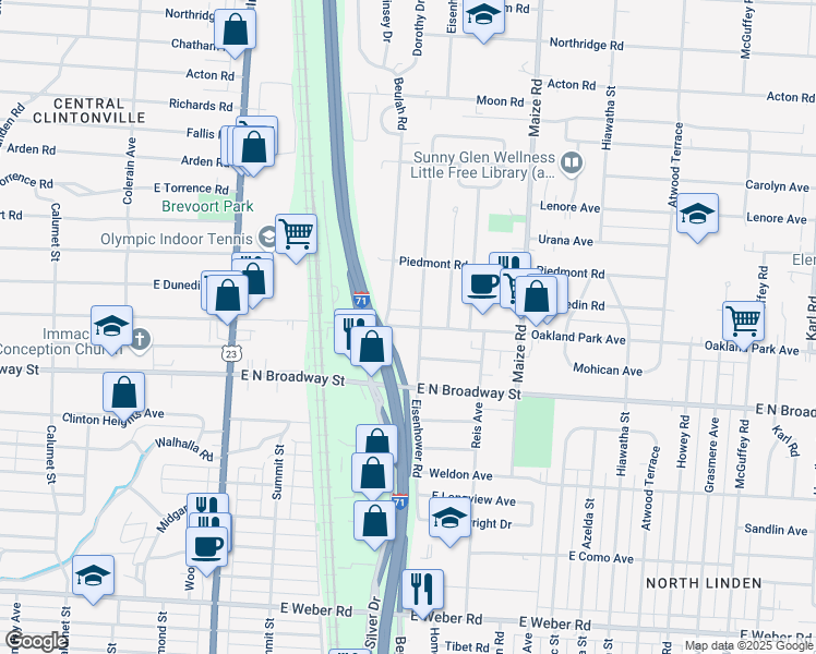 map of restaurants, bars, coffee shops, grocery stores, and more near 3363 Eisenhower Road in Columbus