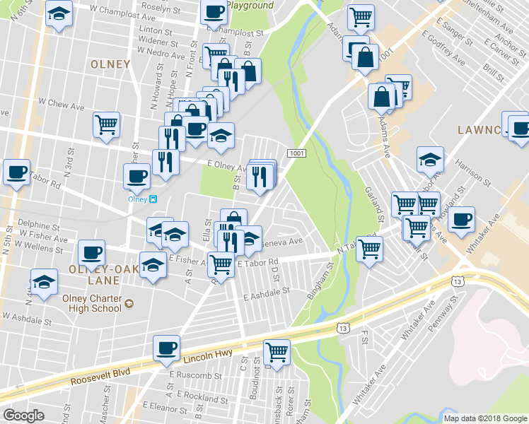 map of restaurants, bars, coffee shops, grocery stores, and more near 5443 Rising Sun Avenue in Philadelphia