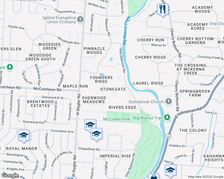 map of restaurants, bars, coffee shops, grocery stores, and more near 211 Founders Court in Columbus