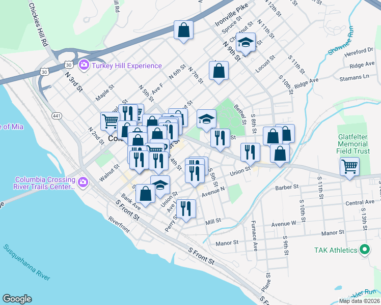 map of restaurants, bars, coffee shops, grocery stores, and more near 28 Lancaster Avenue in Columbia