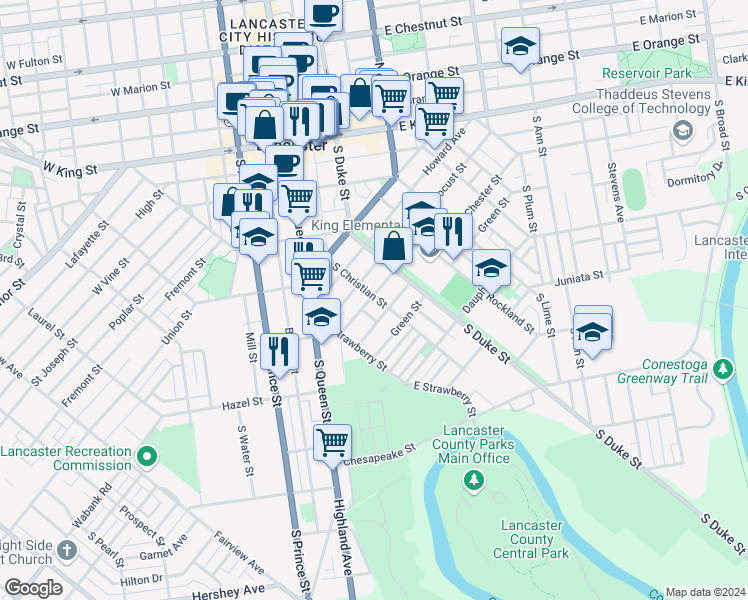 map of restaurants, bars, coffee shops, grocery stores, and more near 501 North Street in Lancaster