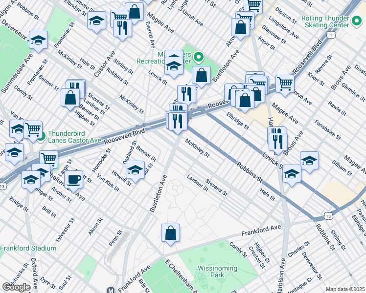 map of restaurants, bars, coffee shops, grocery stores, and more near 2011 Devereaux Avenue in Philadelphia