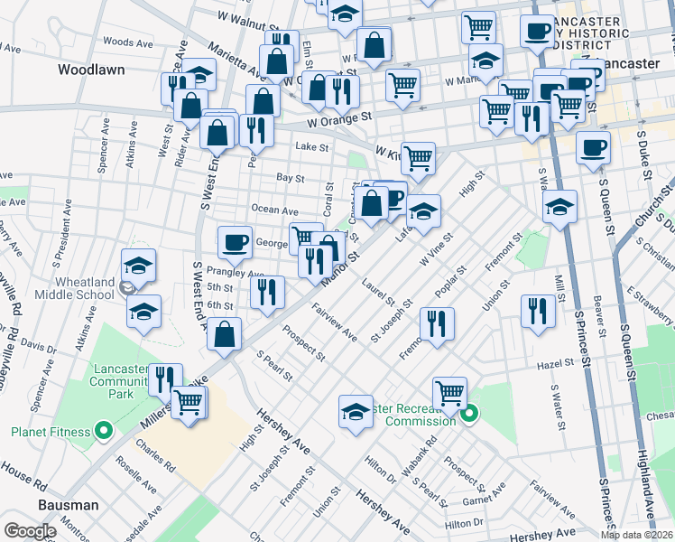 map of restaurants, bars, coffee shops, grocery stores, and more near Manor Street in Lancaster