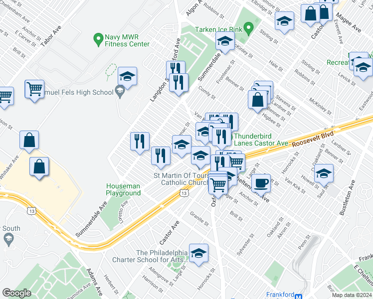 map of restaurants, bars, coffee shops, grocery stores, and more near 986 Anchor Street in Philadelphia