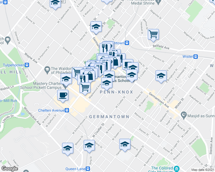 map of restaurants, bars, coffee shops, grocery stores, and more near 51 Maplewood Avenue in Philadelphia