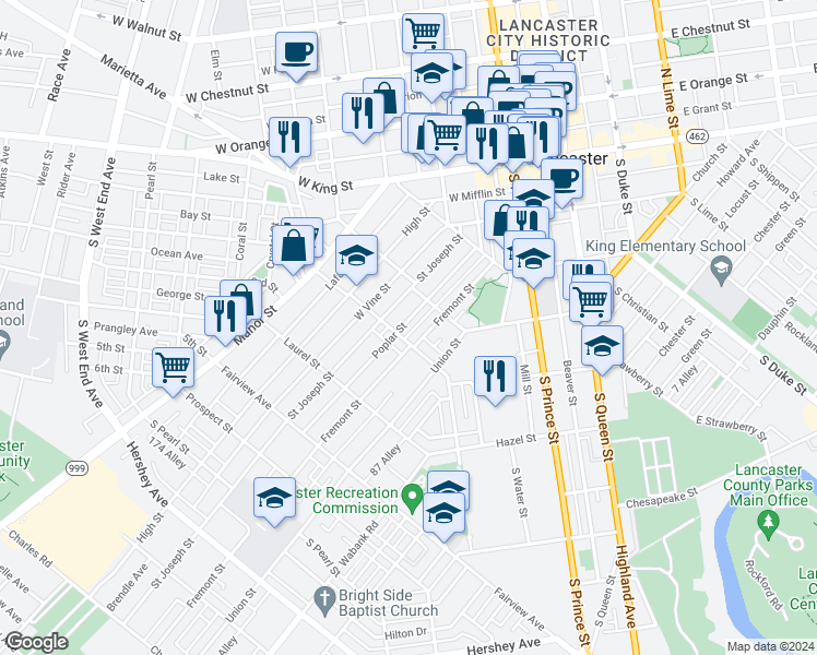 map of restaurants, bars, coffee shops, grocery stores, and more near 534 Poplar Street in Lancaster