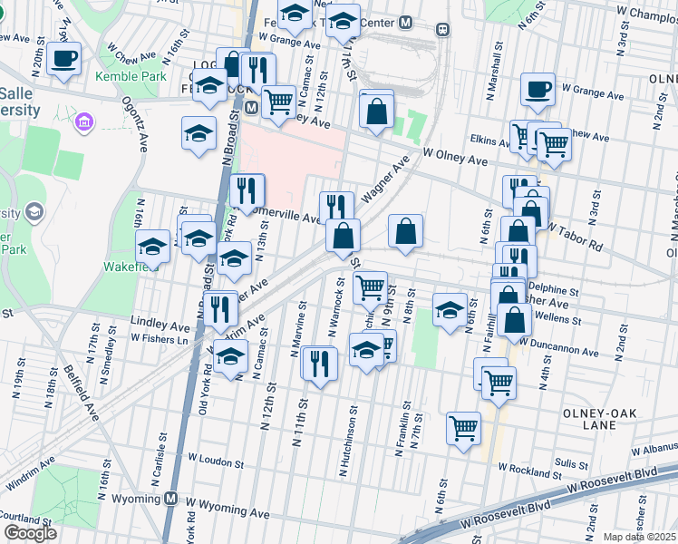 map of restaurants, bars, coffee shops, grocery stores, and more near 5248 North Warnock Street in Philadelphia
