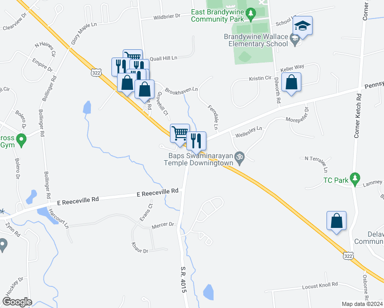 map of restaurants, bars, coffee shops, grocery stores, and more near 1198 Horseshoe Pike in Downingtown