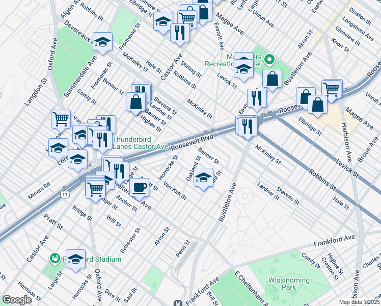 map of restaurants, bars, coffee shops, grocery stores, and more near 6063 Roosevelt Boulevard in Philadelphia