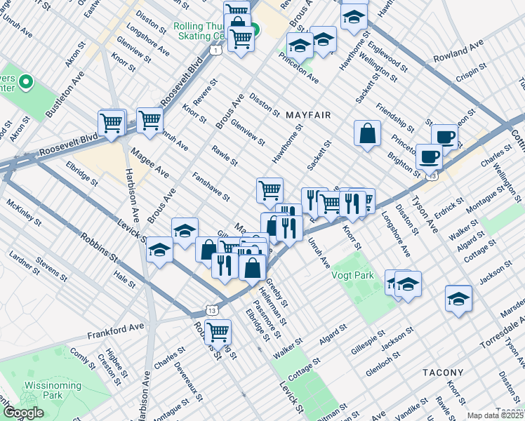 map of restaurants, bars, coffee shops, grocery stores, and more near 3136 Unruh Avenue in Philadelphia