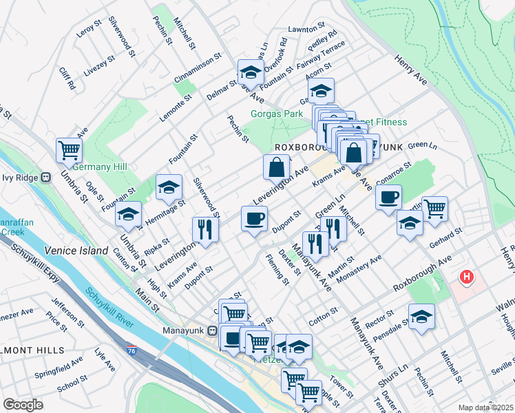 map of restaurants, bars, coffee shops, grocery stores, and more near 4578 Manayunk Avenue in Philadelphia