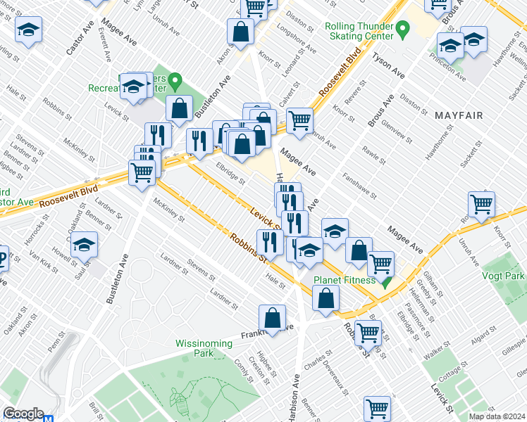 map of restaurants, bars, coffee shops, grocery stores, and more near 2749 Levick Street in Philadelphia
