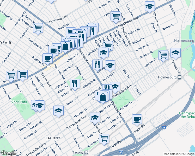 map of restaurants, bars, coffee shops, grocery stores, and more near Cottman Ave & Gillespie St in Philadelphia