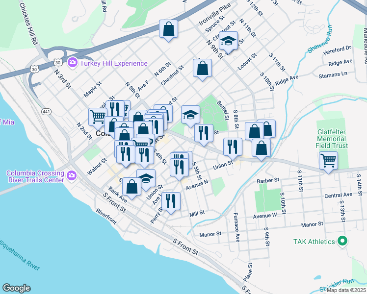 map of restaurants, bars, coffee shops, grocery stores, and more near 28 Lancaster Avenue in Columbia