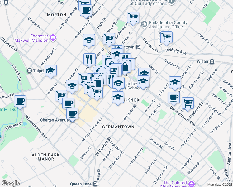 map of restaurants, bars, coffee shops, grocery stores, and more near 51 Maplewood Avenue in Philadelphia