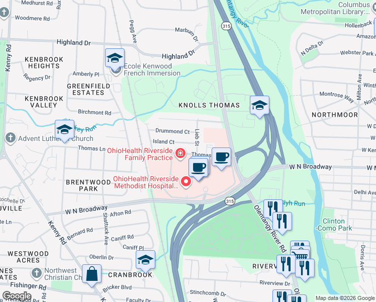 map of restaurants, bars, coffee shops, grocery stores, and more near 704 Island Court in Columbus