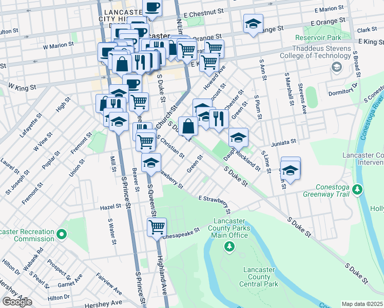 map of restaurants, bars, coffee shops, grocery stores, and more near 500 South Duke Street in Lancaster