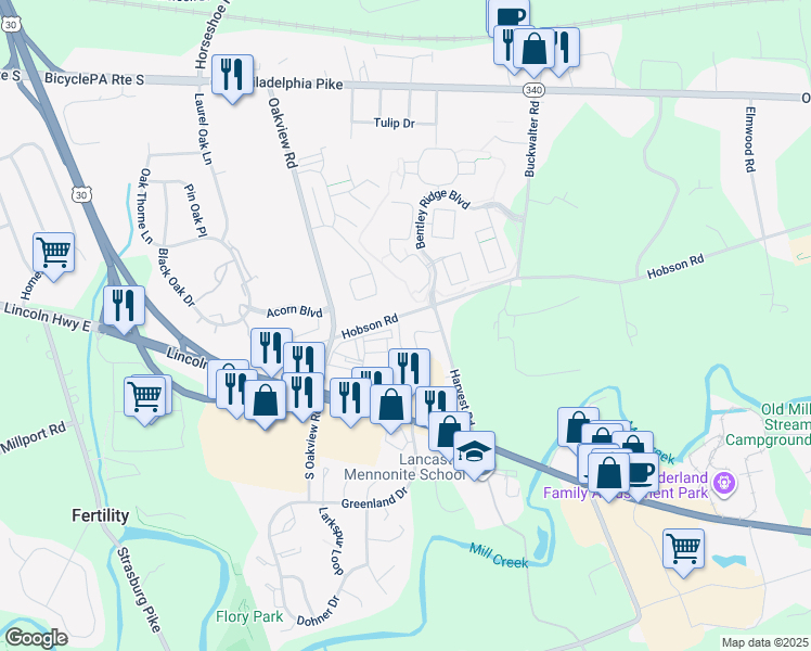 map of restaurants, bars, coffee shops, grocery stores, and more near 48 Harvest Road in Lancaster