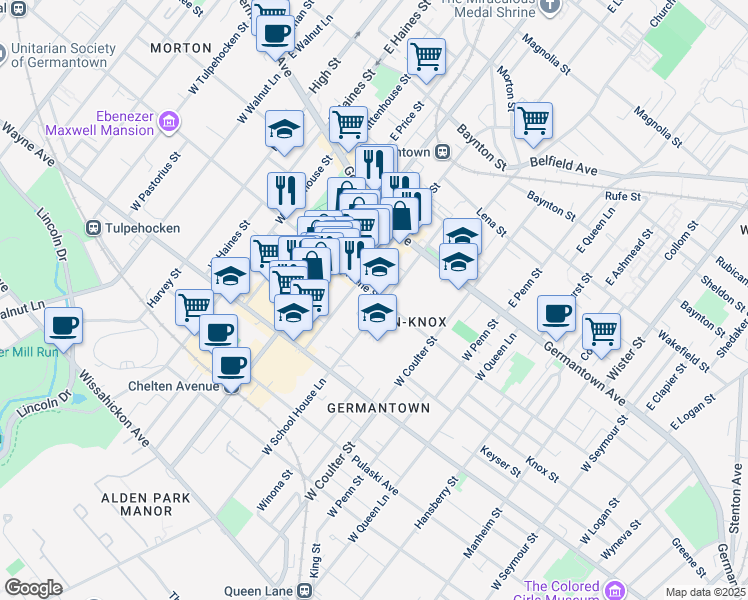 map of restaurants, bars, coffee shops, grocery stores, and more near 5506 Greene Street in Philadelphia