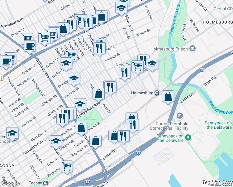 map of restaurants, bars, coffee shops, grocery stores, and more near 4615 Marple Street in Philadelphia