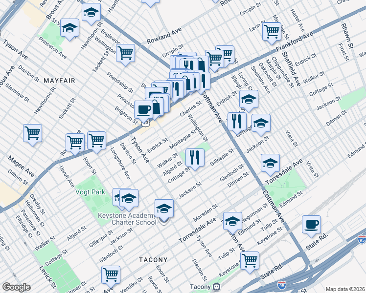map of restaurants, bars, coffee shops, grocery stores, and more near 7144 Montague Street in Philadelphia