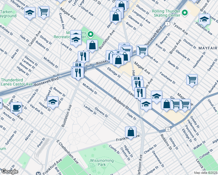 map of restaurants, bars, coffee shops, grocery stores, and more near 6345 Calvert Street in Philadelphia