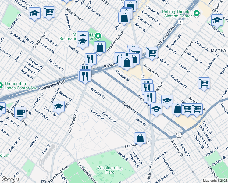 map of restaurants, bars, coffee shops, grocery stores, and more near 6313 Calvert Street in Philadelphia