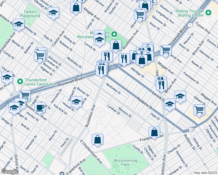 map of restaurants, bars, coffee shops, grocery stores, and more near 2024 Robbins Street in Philadelphia