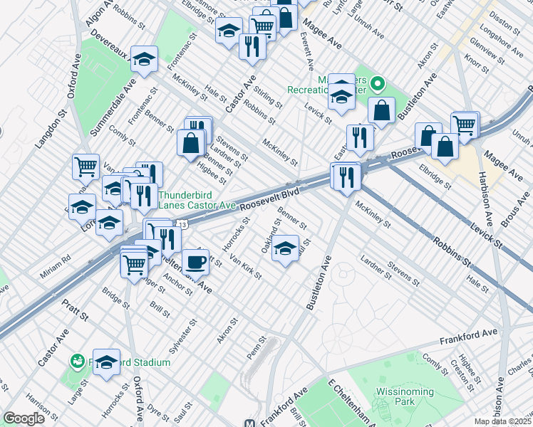 map of restaurants, bars, coffee shops, grocery stores, and more near 6117 Roosevelt Boulevard in Philadelphia