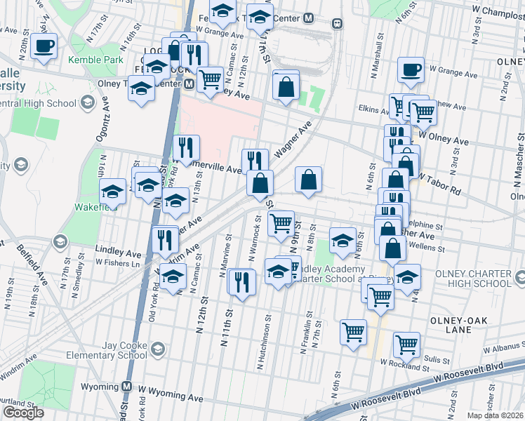 map of restaurants, bars, coffee shops, grocery stores, and more near 5300 North 10th Street in Philadelphia