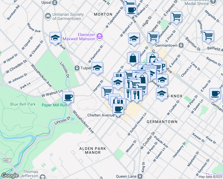 map of restaurants, bars, coffee shops, grocery stores, and more near 5909 Wayne Avenue in Philadelphia