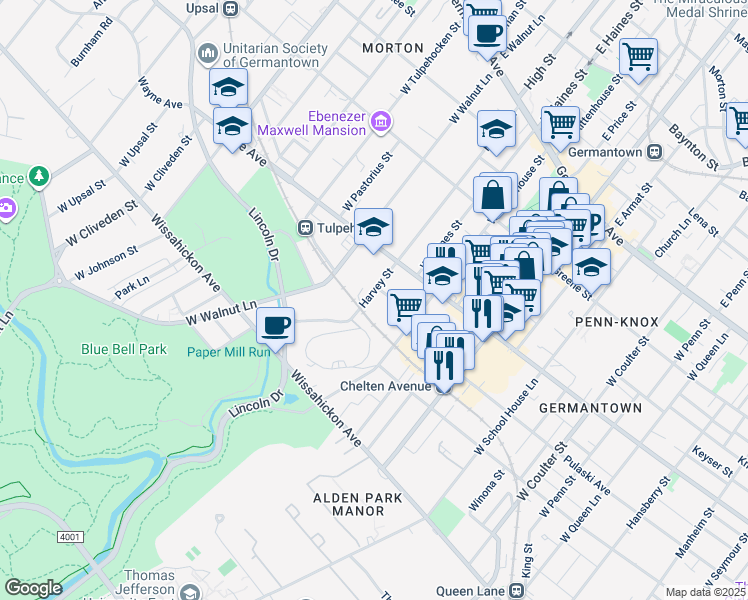 map of restaurants, bars, coffee shops, grocery stores, and more near 449 Harvey Street in Philadelphia