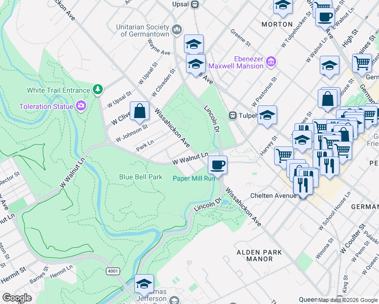 map of restaurants, bars, coffee shops, grocery stores, and more near Wissahickon Avenue in Philadelphia