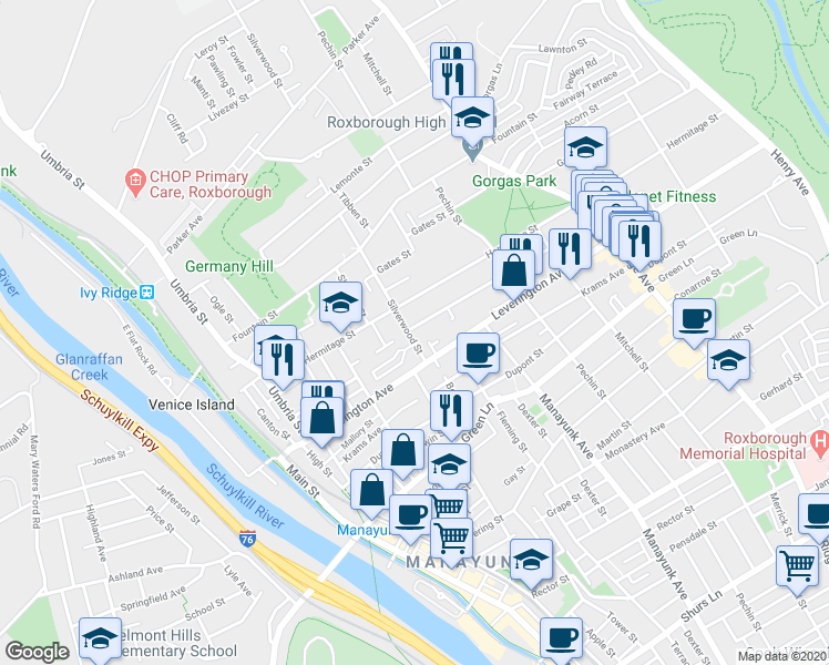 map of restaurants, bars, coffee shops, grocery stores, and more near 319 Hermitage Street in Philadelphia