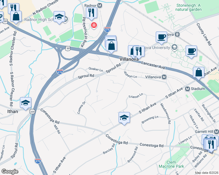 map of restaurants, bars, coffee shops, grocery stores, and more near 107 South Spring Mill Road in Villanova