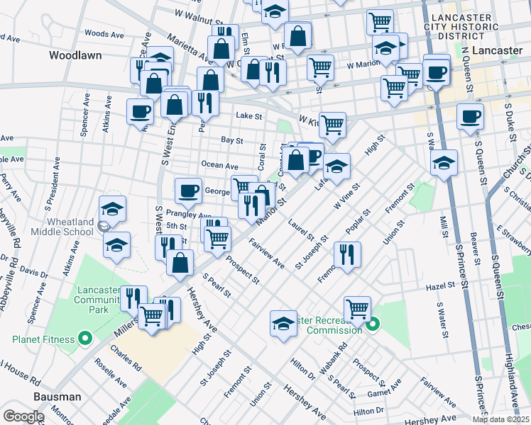 map of restaurants, bars, coffee shops, grocery stores, and more near 323 Coral Street in Lancaster