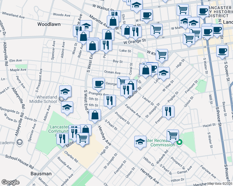 map of restaurants, bars, coffee shops, grocery stores, and more near 638 George Street in Lancaster