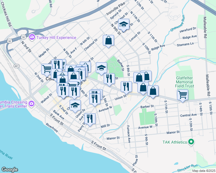 map of restaurants, bars, coffee shops, grocery stores, and more near 550 Cherry Street in Columbia