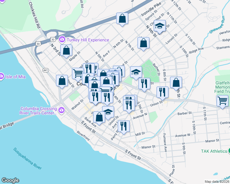 map of restaurants, bars, coffee shops, grocery stores, and more near 458 Locust Street in Columbia