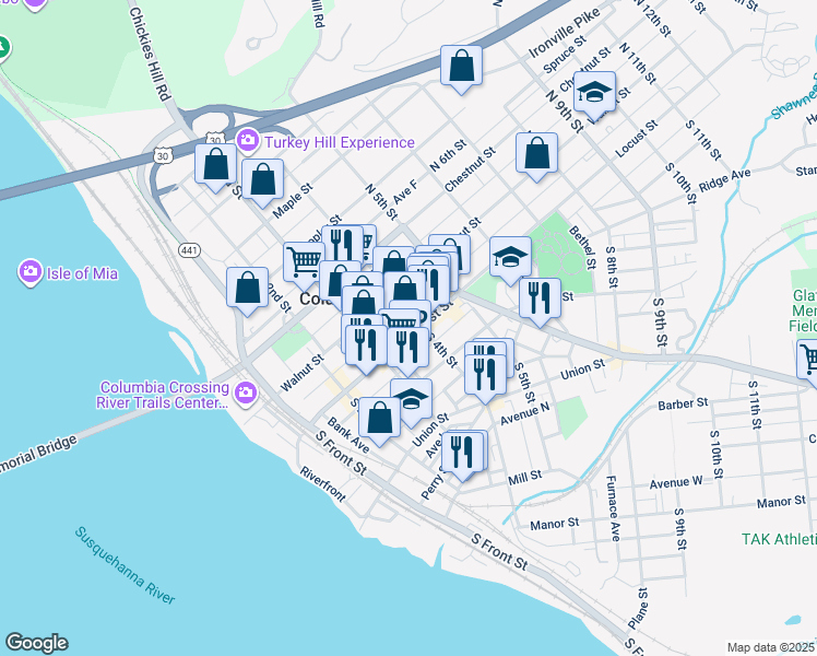 map of restaurants, bars, coffee shops, grocery stores, and more near 23 North 4th Street in Columbia