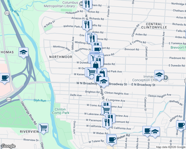 map of restaurants, bars, coffee shops, grocery stores, and more near 37 Orchard Lane in Columbus