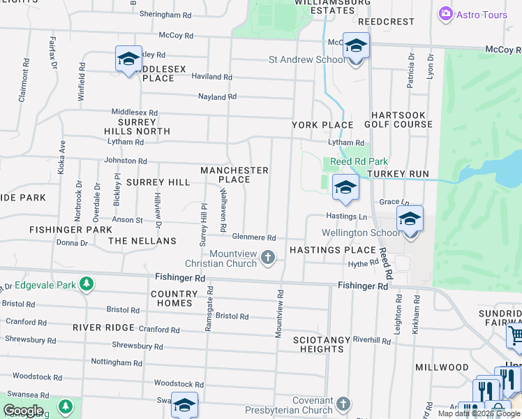 map of restaurants, bars, coffee shops, grocery stores, and more near 3837 Chevington Road in Upper Arlington
