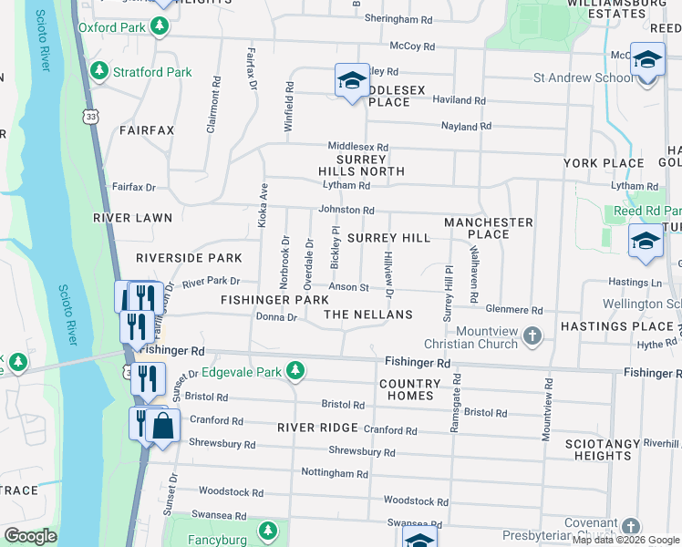 map of restaurants, bars, coffee shops, grocery stores, and more near 3872 Bickley Place in Columbus