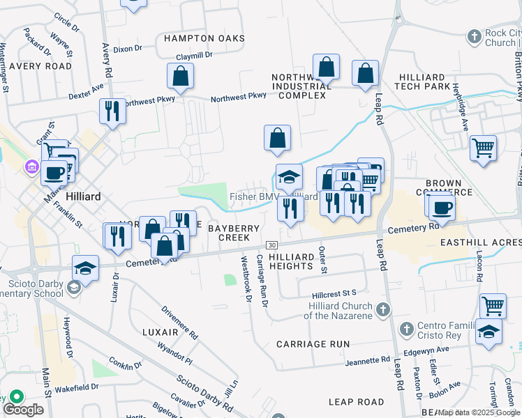 map of restaurants, bars, coffee shops, grocery stores, and more near 4887 Berry Leaf Place in Hilliard