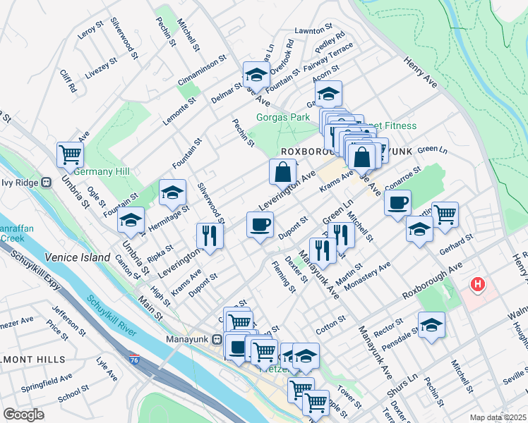 map of restaurants, bars, coffee shops, grocery stores, and more near 4578 Manayunk Avenue in Philadelphia