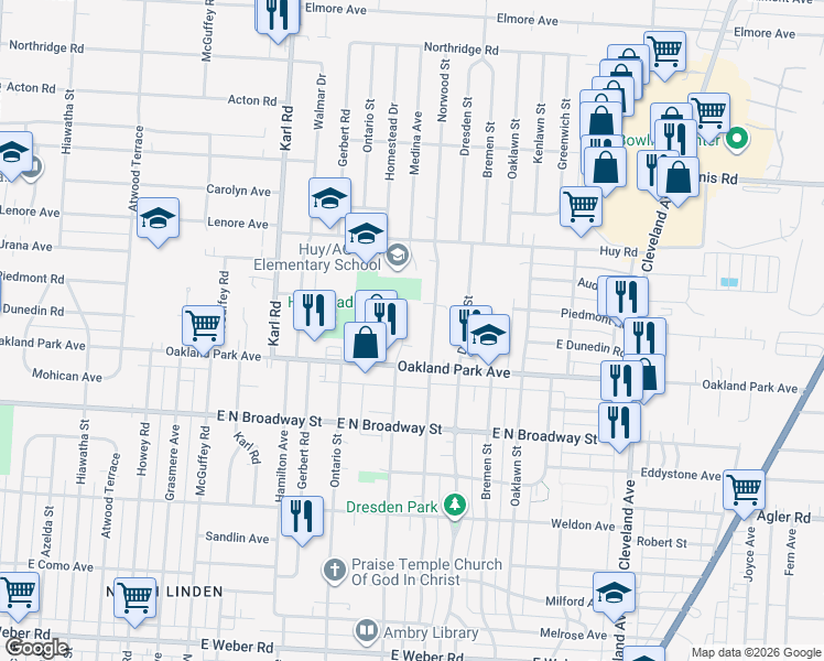 map of restaurants, bars, coffee shops, grocery stores, and more near 3272 Medina Avenue in Columbus